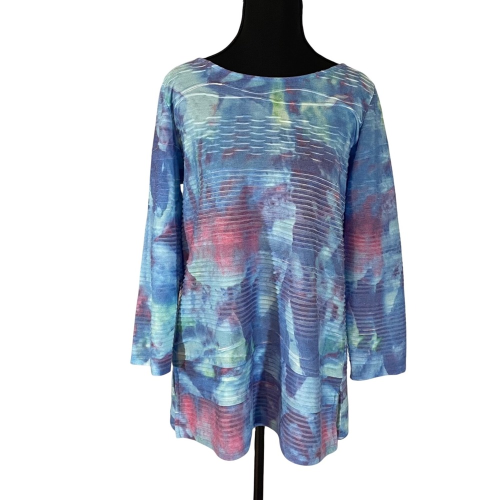 Soft Surroundings Blue Watercolor Textured Pintuck Tunic Top Womens Small Artsy